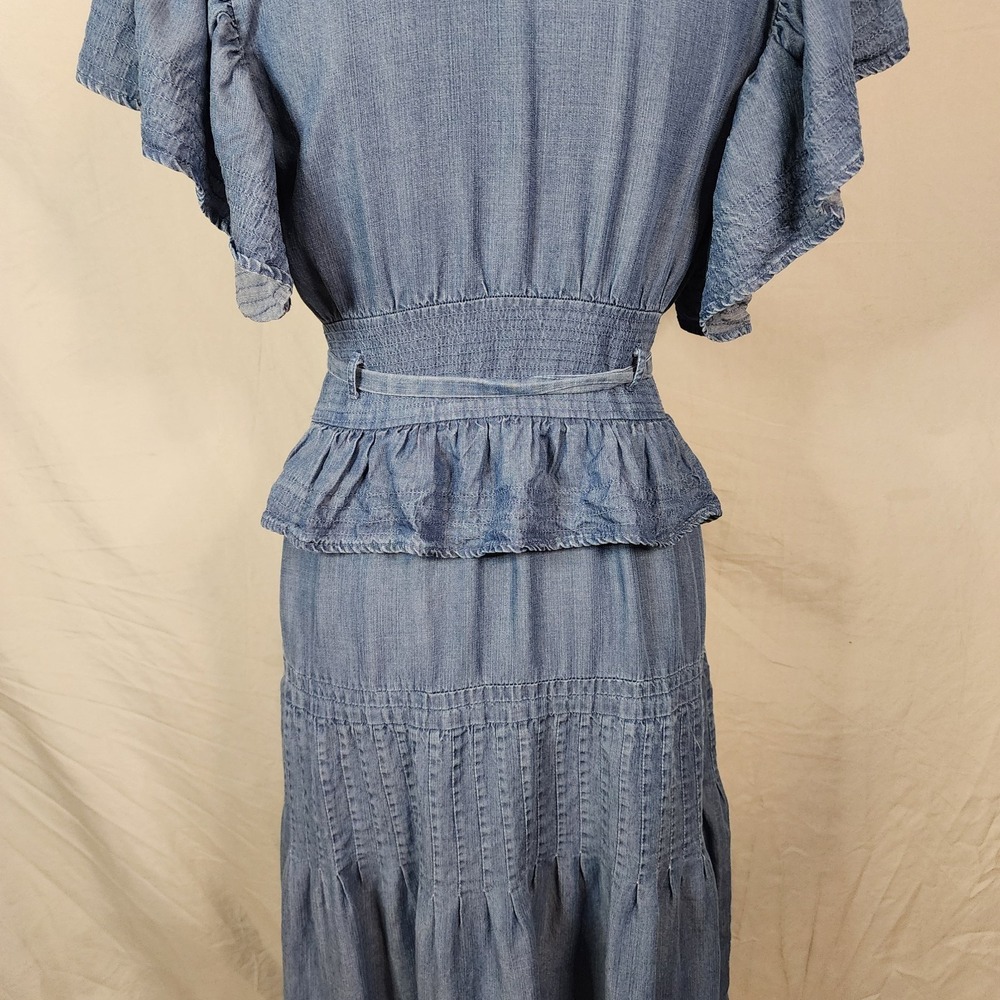 WISHLIST APPAREL Size Small Blu Chambray Denim Ruffled Flutter Sleeve Midi Dress - Picture 13 of 16